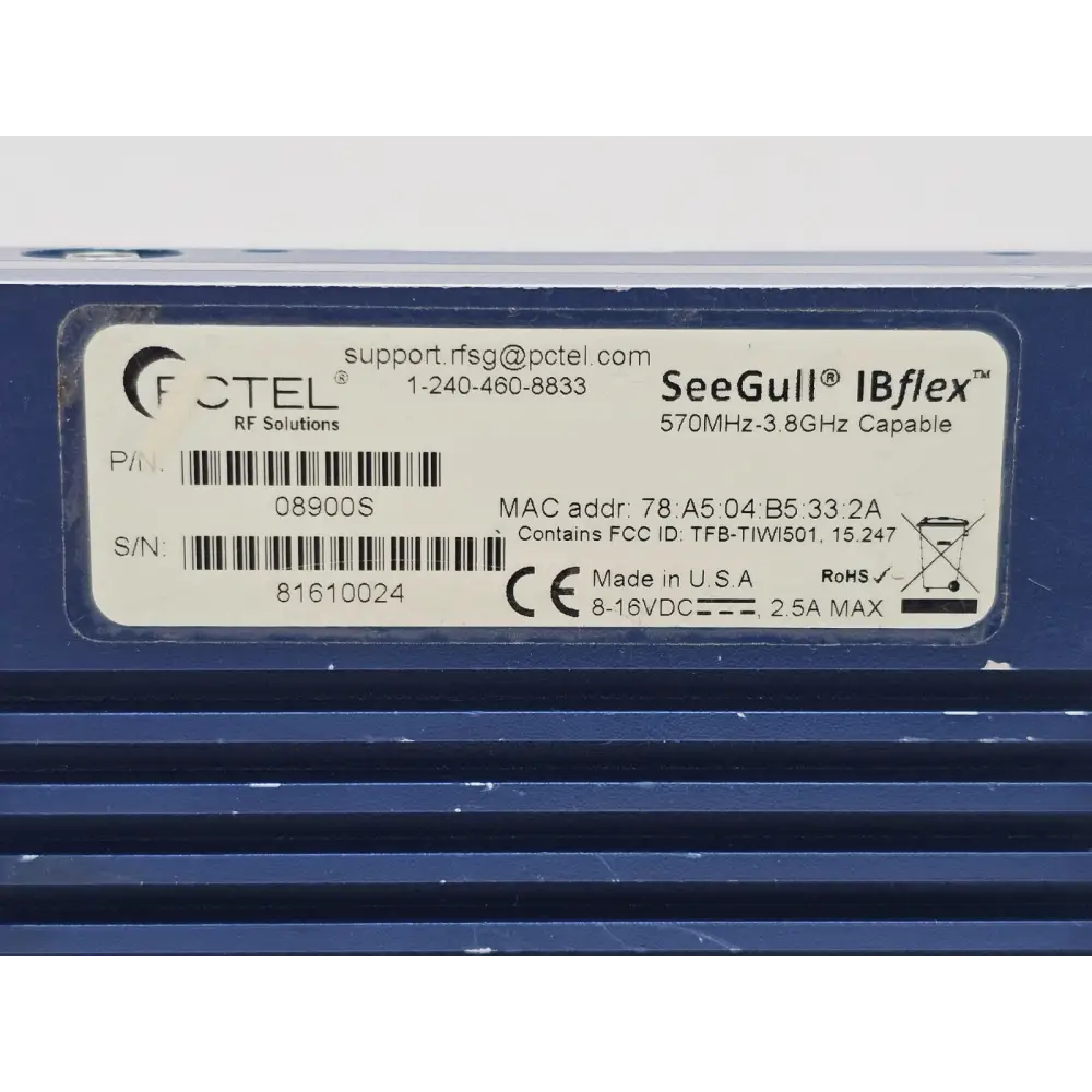 PCTEL SeeGull IBflex licence information screen showing Active perpetual licence and calibration date