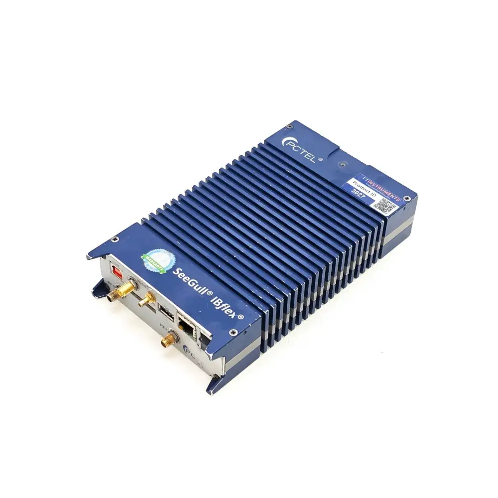 PCTEL SeeGull IBflex angled view from port side showing SeeGull IBflex branding, RF1, RF2 SMA ports, and USB/LAN