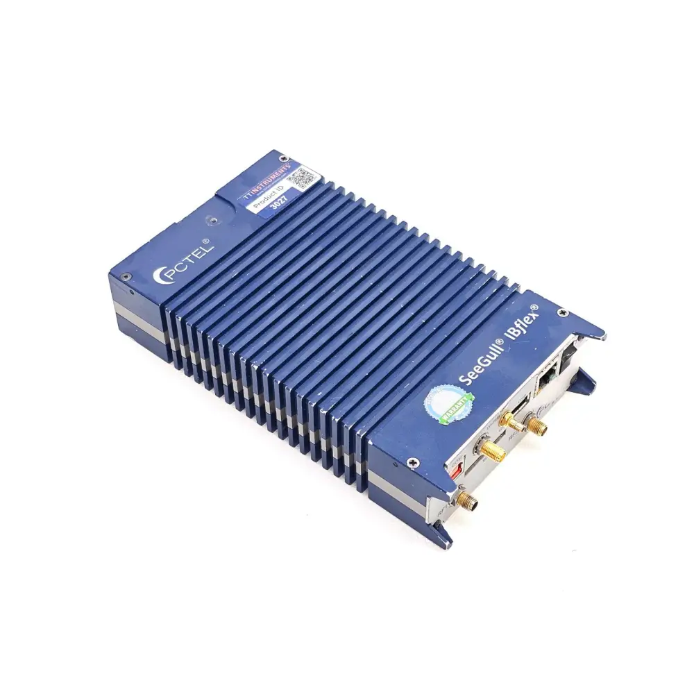 PCTEL SeeGull IBflex angled top view showing PCTEL branding, TT Instruments product ID label 3027, and port side
