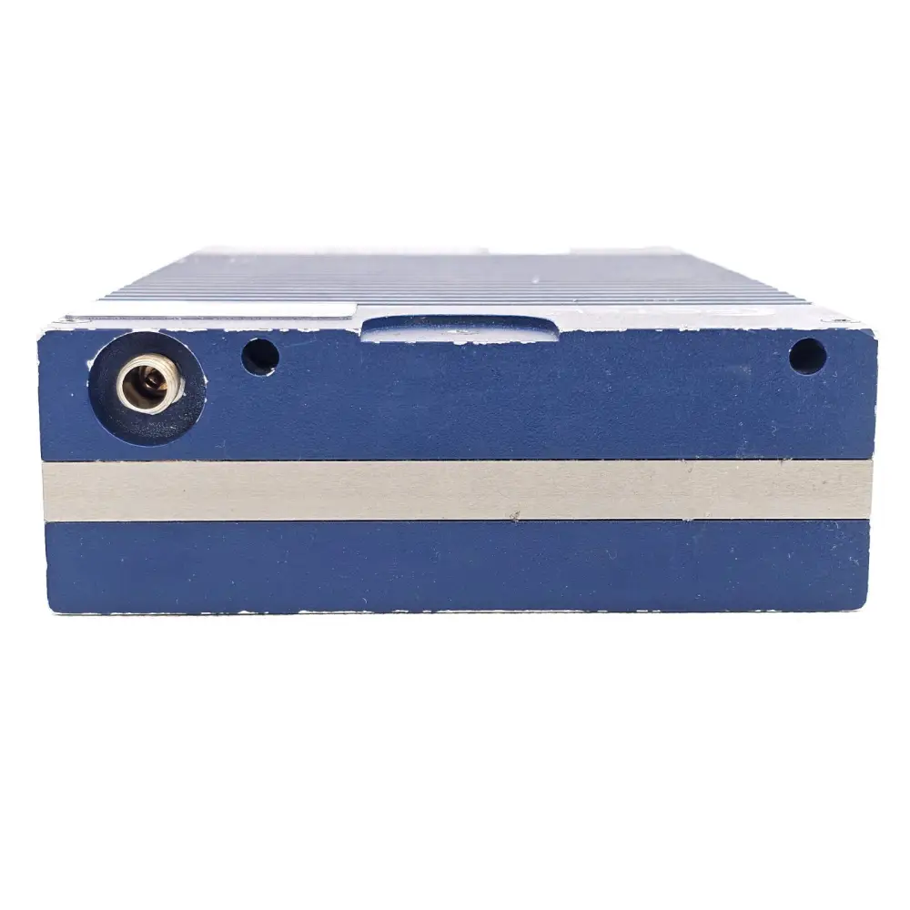PCTEL SeeGull IBflex left side panel showing single DC power input connector and finned aluminium heatsink chassis