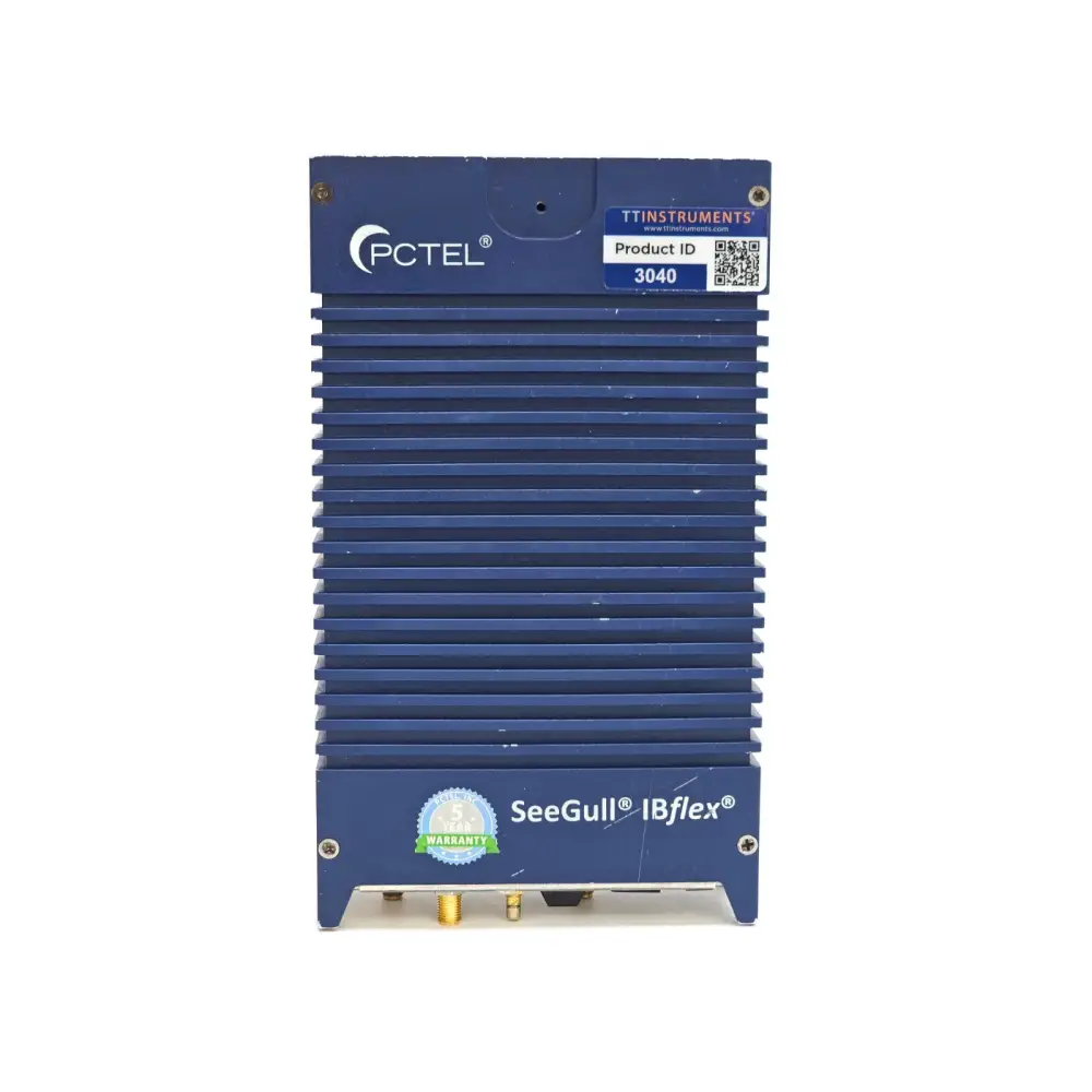 PCTEL SeeGull IBflex rear panel showing PCTEL branding, TT Instruments product ID 3040 label, and warranty sticker