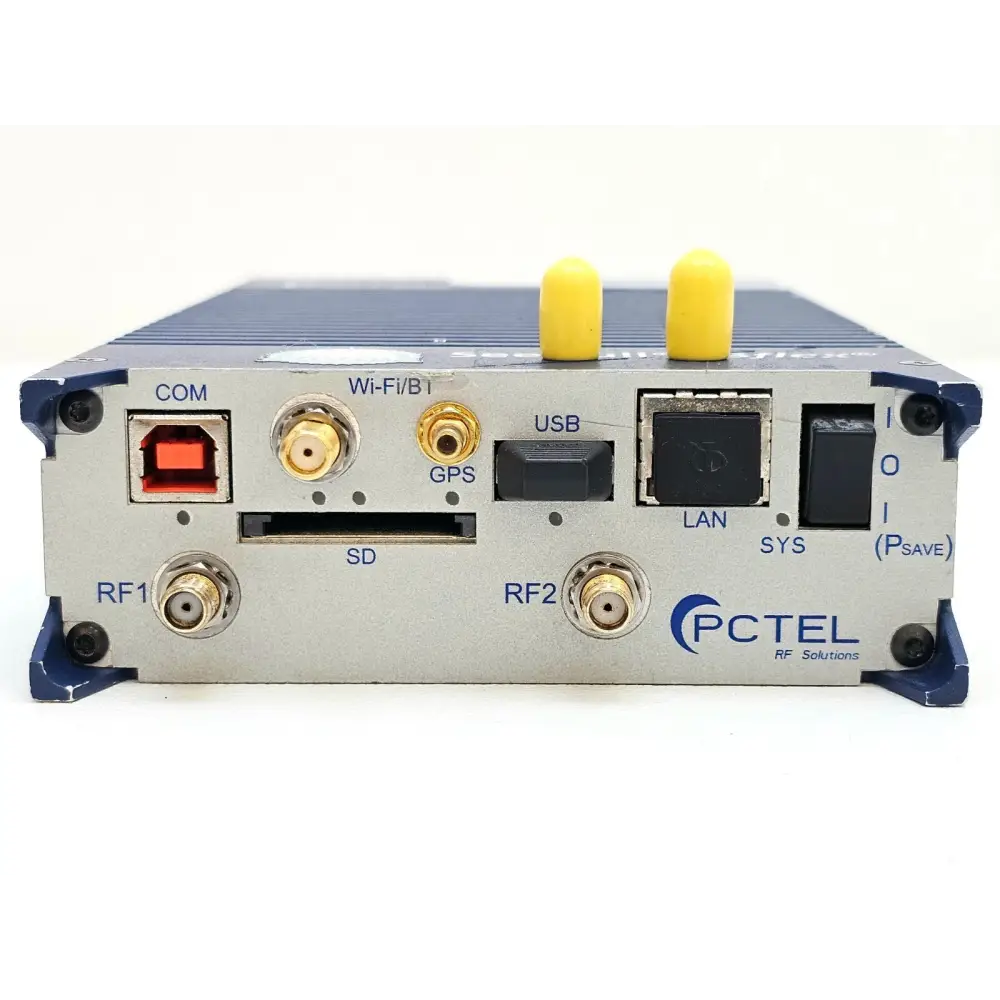 PCTEL SeeGull IBflex front panel showing COM, Wi-Fi/BT, GPS, USB, LAN, SD card, RF1, RF2 ports and power switch