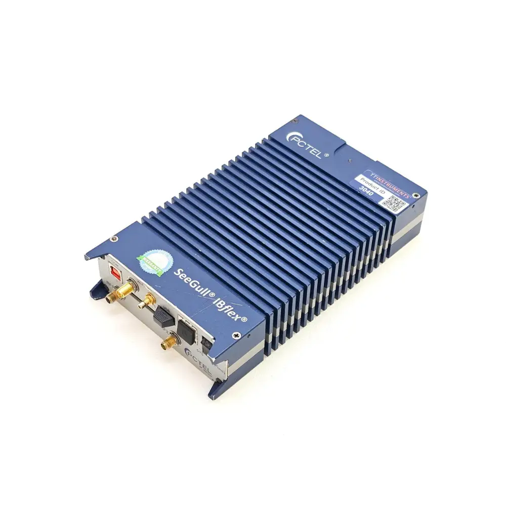 PCTEL SeeGull IBflex angled view from connector end showing RF1, RF2, USB, LAN ports and SeeGull IBflex branding