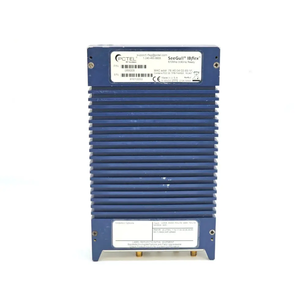 PCTEL SeeGull IBflex serial label showing P/N 08900S, S/N 81610050, MAC address, installed options and band licences