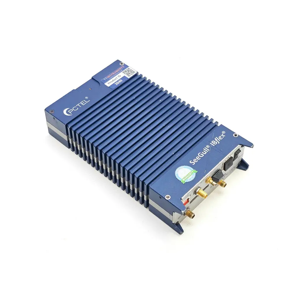 PCTEL SeeGull IBflex angled top view showing ribbed heatsink, SeeGull IBflex branding, and TT Instruments product label