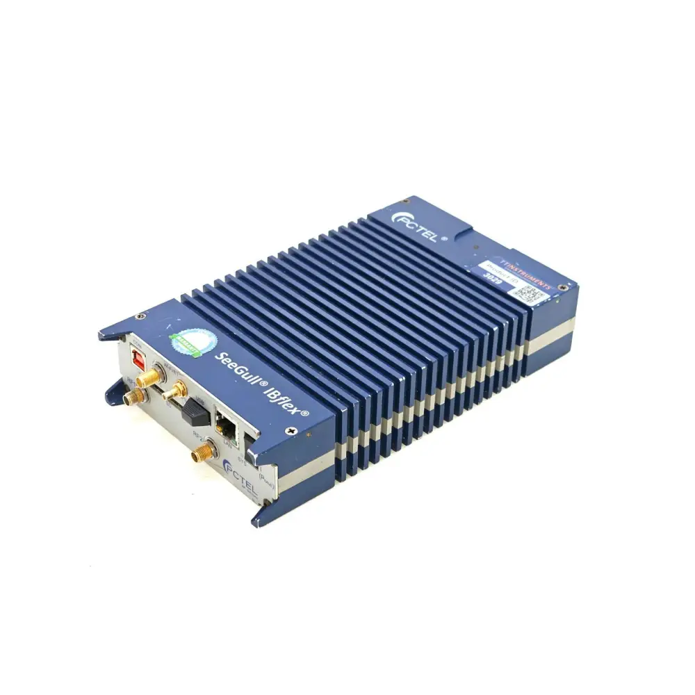 PCTEL SeeGull IBflex angled connector-panel view showing SMA RF ports, LAN port, USB port and PCTEL RF Solutions logo
