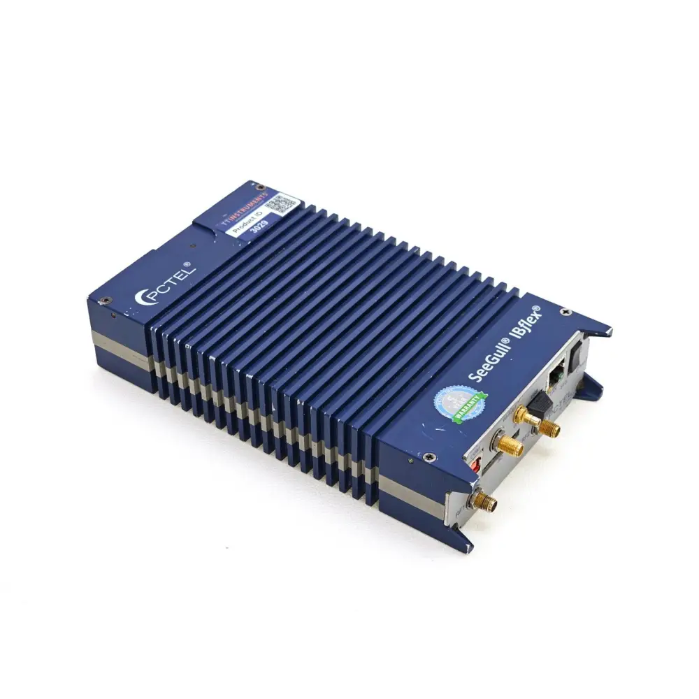 PCTEL SeeGull IBflex angled top view showing ribbed heatsink, SeeGull IBflex branding, TT Instruments product ID label 3029