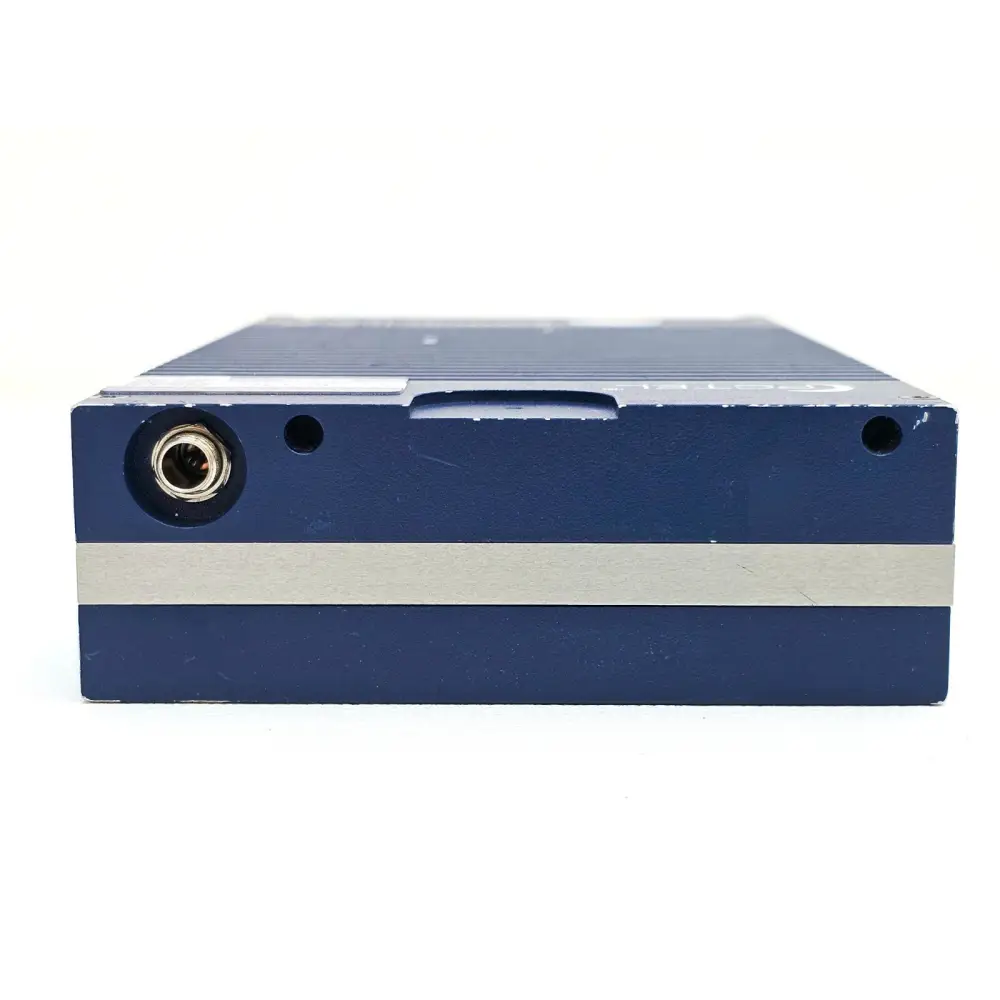 PCTEL SeeGull IBflex left side view showing DC power input connector and blue aluminium heatsink housing