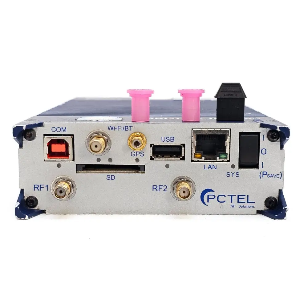 PCTEL SeeGull IBflex rear panel showing COM, Wi-Fi/BT, GPS, USB, LAN, SD, RF1, RF2 ports and power switch