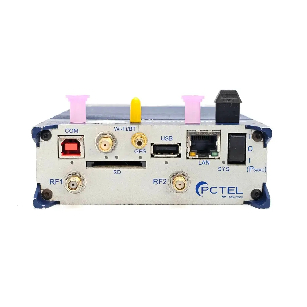 PCTEL SeeGull IBflex 08900S rear panel showing COM, Wi-Fi/BT, GPS, USB, LAN, SD, RF1, RF2 ports and power switch
