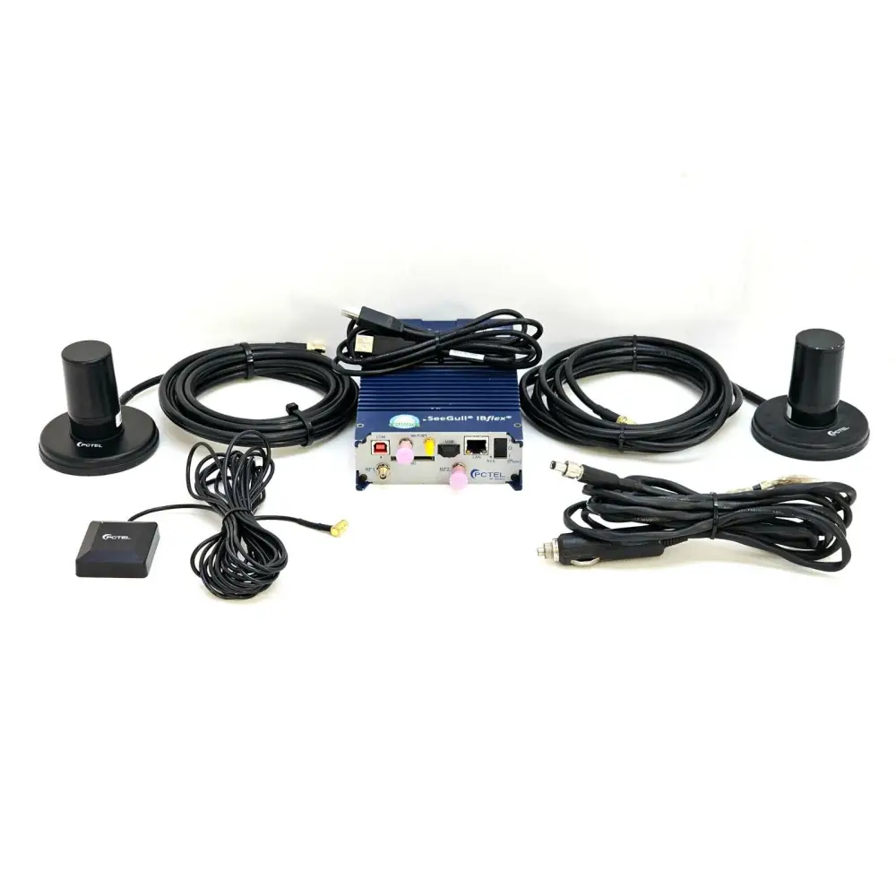 PCTEL SeeGull IBflex 08900S full kit with two magnetic mount antennas, GPS antenna, USB cable, and in-car power adapter