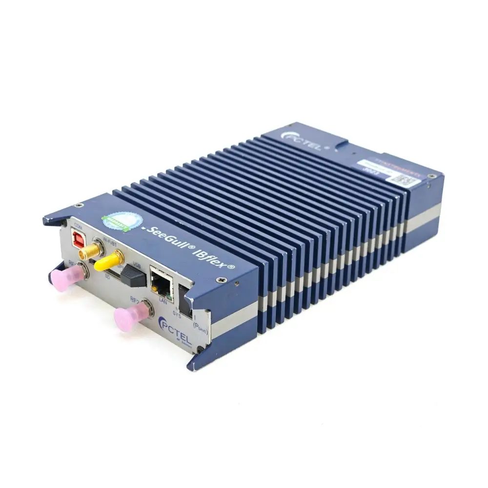 PCTEL SeeGull IBflex 08900S three-quarter front angle view showing finned heatsink enclosure and connector panel