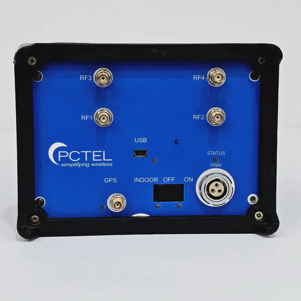 PCTEL SeeGull MX connector panel showing RF1, RF2, RF3, RF4 SMA ports, USB, GPS, power connector and mode switch