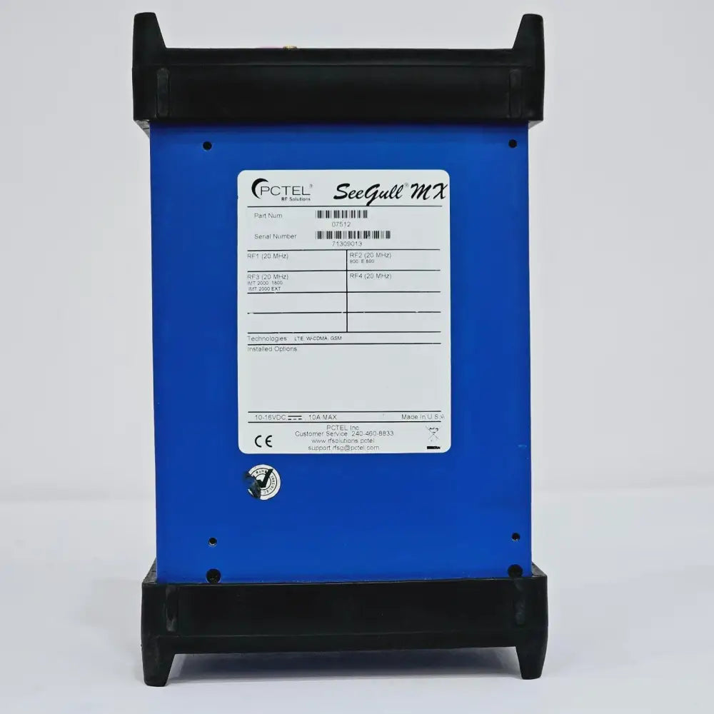 PCTEL SeeGull MX rear label showing part number 07512, serial 71309013, RF band config, LTE W-CDMA GSM technologies