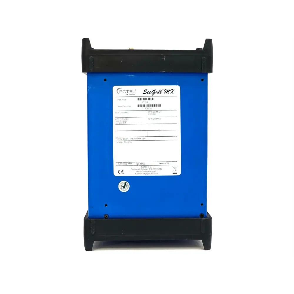 Close-up of PCTEL SeeGull MX chassis label showing ESN and device type markings