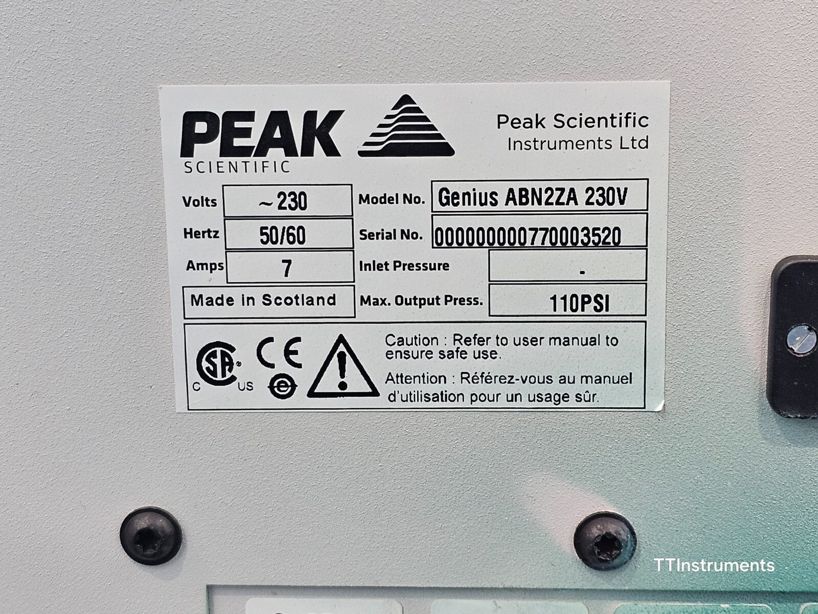 Peak Scientific Instruments Genius ABN2ZA Nitrogen Generator MFD 2017