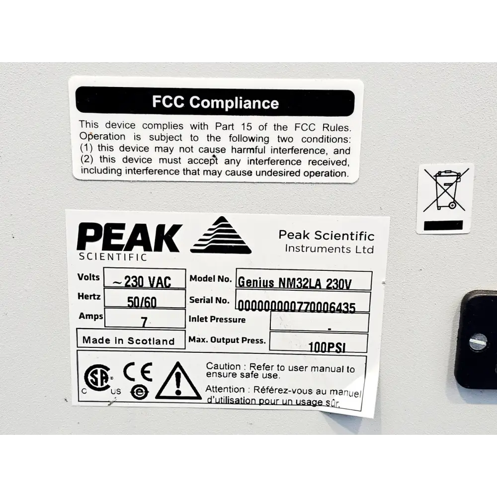 Peak Scientific Genius NM32LA top view showing overall unit condition