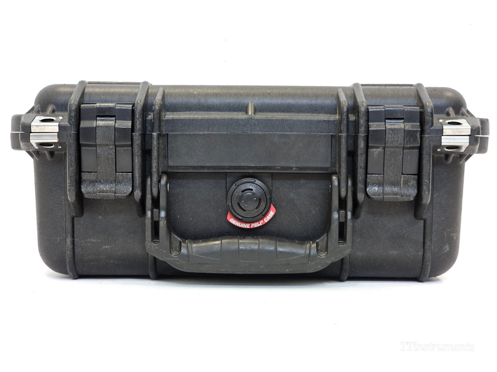 Used Pelican carry case front view showing latch and handle, approx 34x26x14cm external dimensions