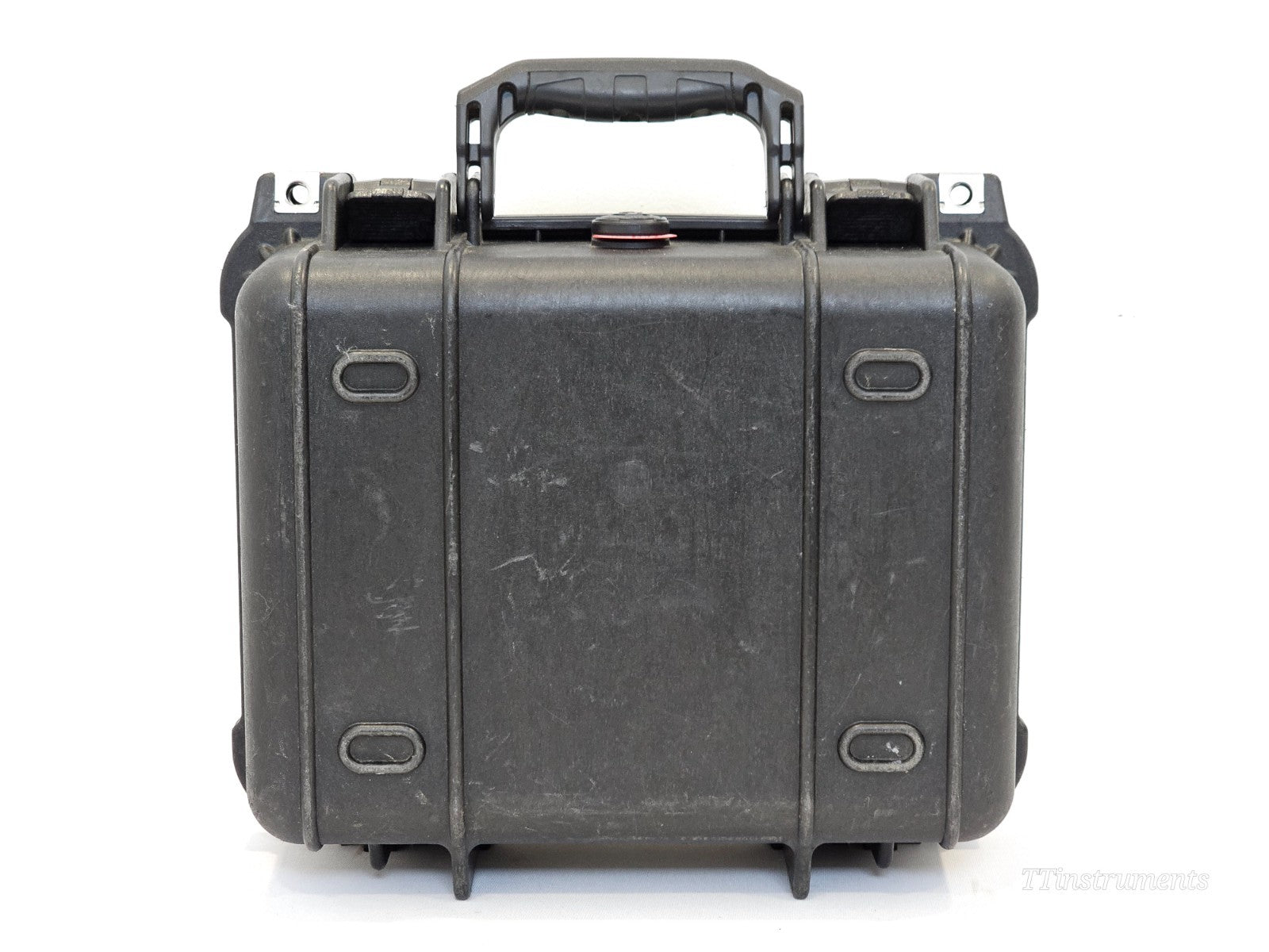 Pelican protective case latch and padlock hasp detail, used condition