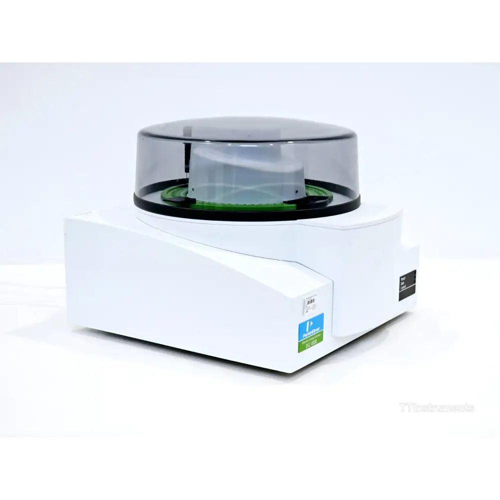 PerkinElmer DSC 4000 differential scanning calorimeter front-right angled view with clear dome cover and green autosampler tray