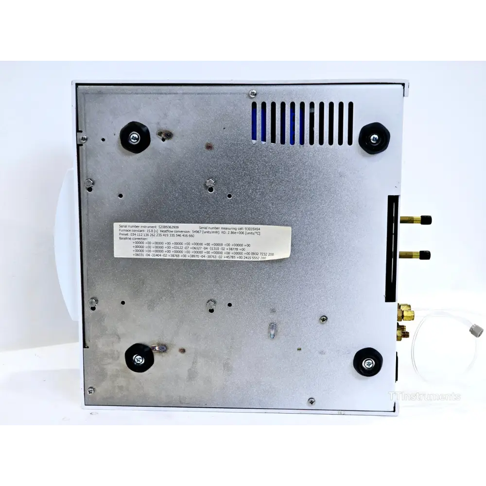 PerkinElmer DSC 4000 base panel showing furnace calibration constants, measuring cell serial number 93035X64 and gas fittings