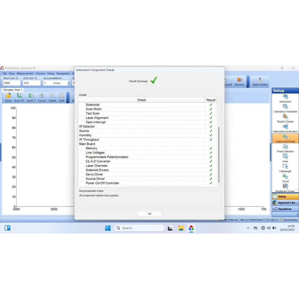 PerkinElmer Spectrum TWO LITA self-test diagnostic results displayed on laptop screen