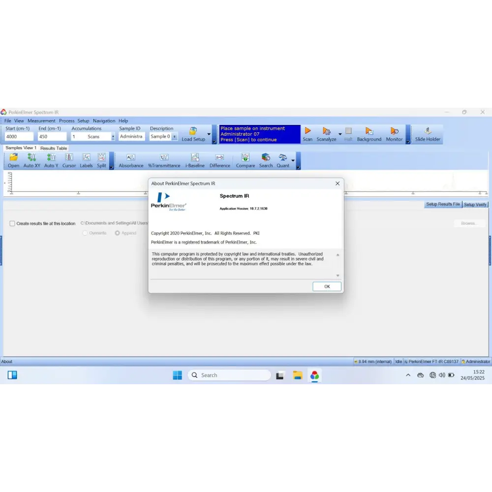 Lenovo T14 laptop showing licensed PerkinElmer Spectrum 10 software version 10.7.2.1630