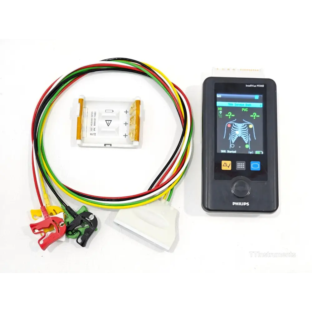 Philips IntelliVue MX40-2B4 wearable patient monitor with 5-lead ECG grabber cable, rechargeable battery and battery holder