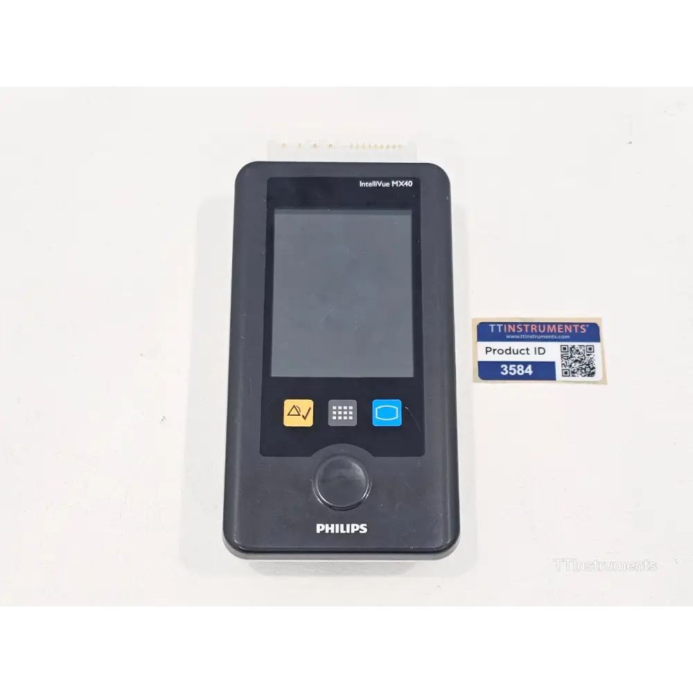 Philips IntelliVue MX40-2B4 front view showing colour touchscreen, alarm and menu SmartKeys, rotary navigator and Philips branding