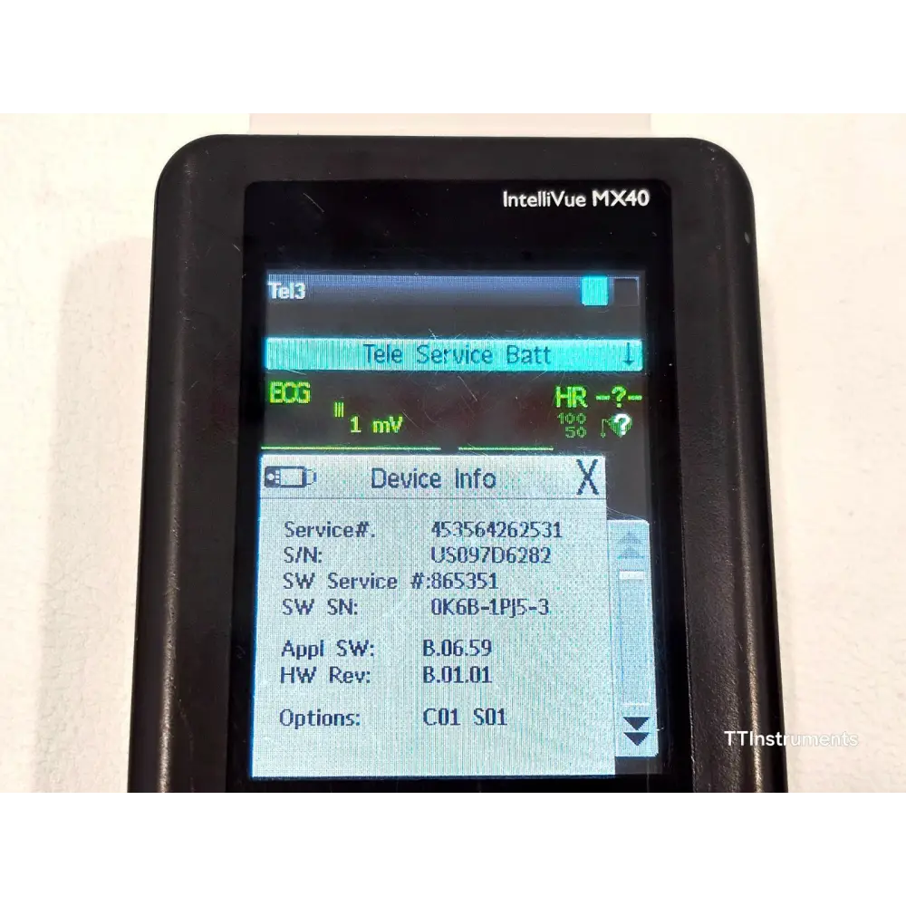 Philips IntelliVue MX40 screen showing Device Info: SW B.06.59, HW Rev B.01.01, Options C01 S01, SN US097D6282