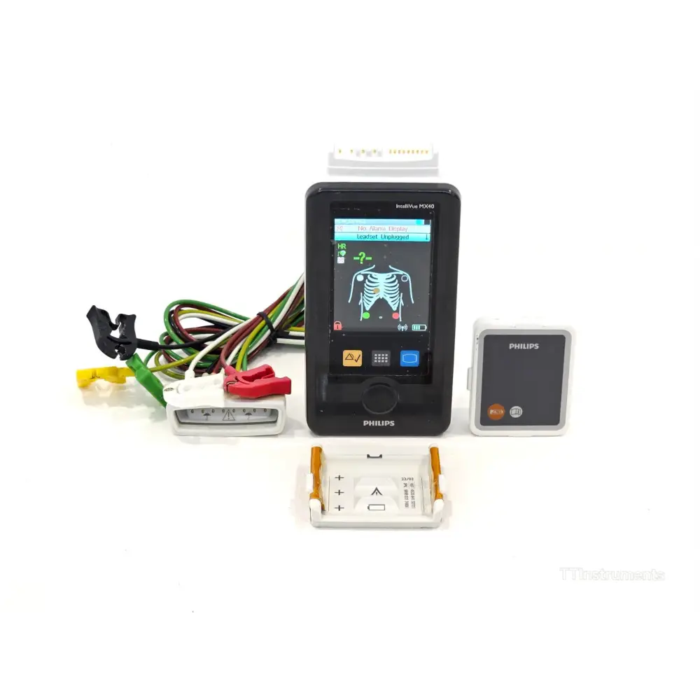 Philips IntelliVue MX40-2B4 wearable patient monitor front view showing display and controls