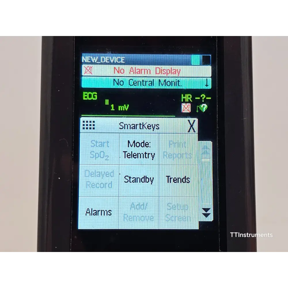 Philips MX40 wearable monitor options screen showing S01 ECG and C01 Enhanced Arrhythmia