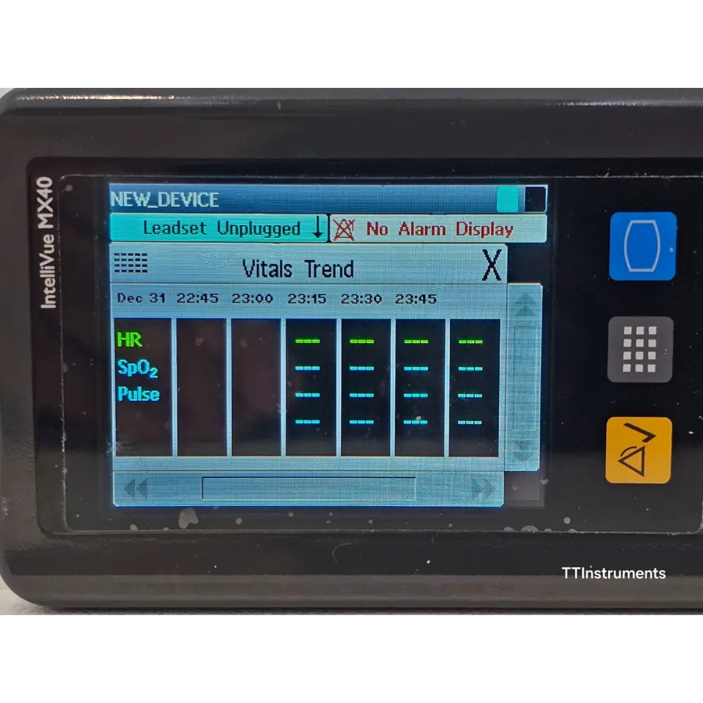 Philips IntelliVue MX40 monitor powered on displaying live waveform numerics