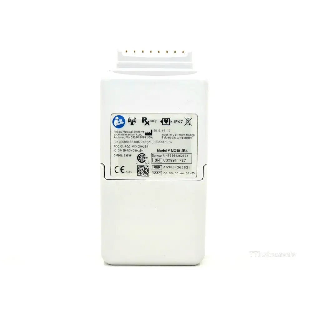 Philips IntelliVue MX40-2B4 rear label showing Model MX40-2B4, SN US099F1787, MFD 2019-06-12, IPX7 rating