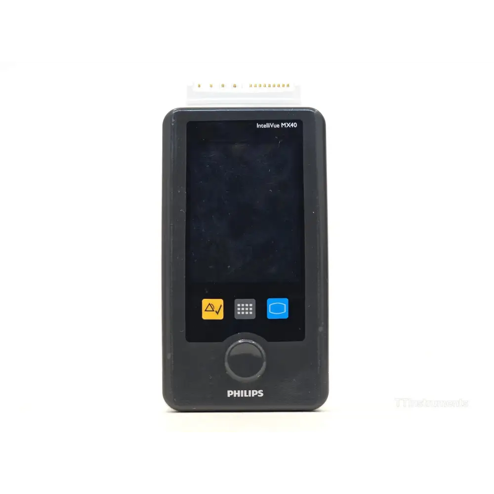 Philips IntelliVue MX40-2B4 wearable monitor front view showing touchscreen display and three control buttons
