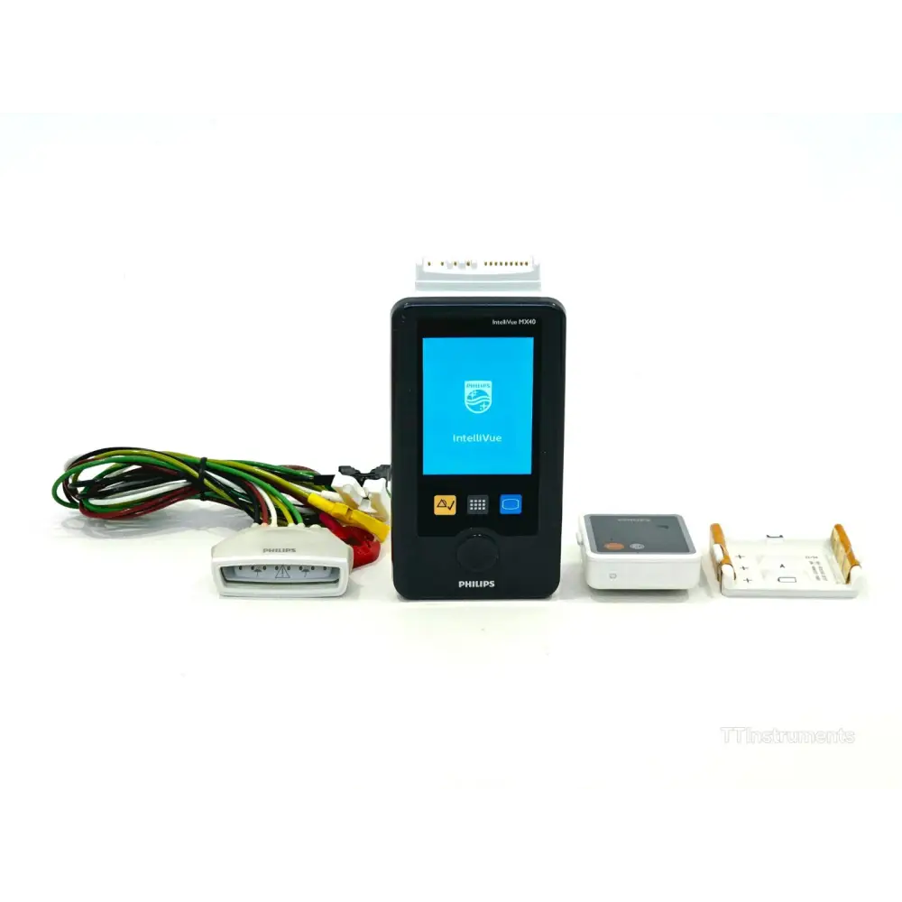 Philips IntelliVue MX40-2B4 patient monitor complete set with ECG lead cable, battery holder and 2 batteries