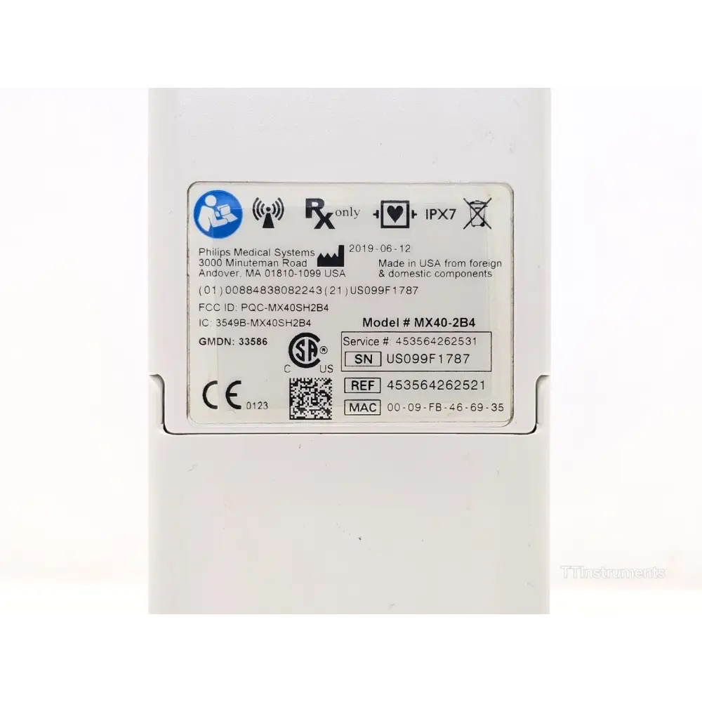 Philips IntelliVue MX40-2B4 rear label close-up showing REF 453564262521, MAC address, CE and CSA markings