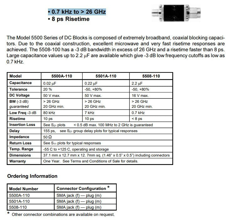 Picosecond 5501A-110 DC Block 0.7 kHz to 26 GHz 8 ps Risetime -55 C° to +125 C