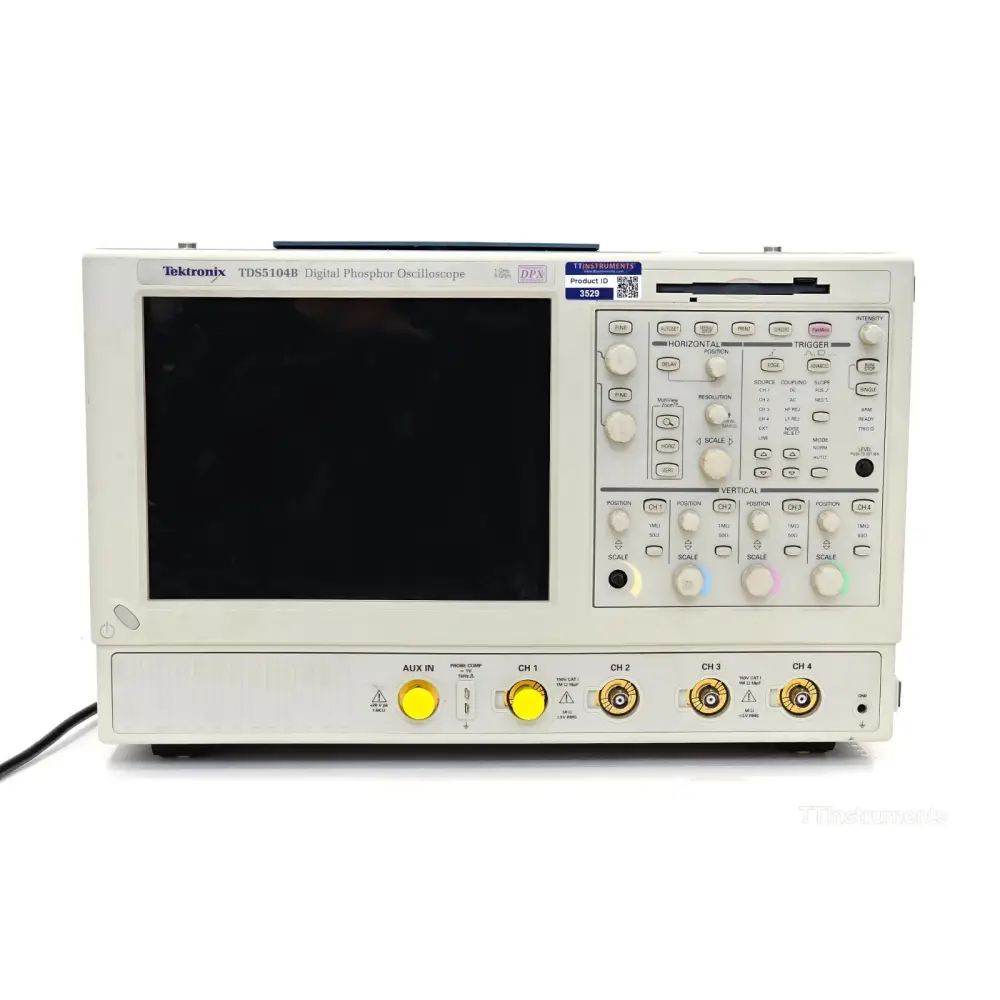 Tektronix TDS5104B oscilloscope front panel with channel inputs and trigger section