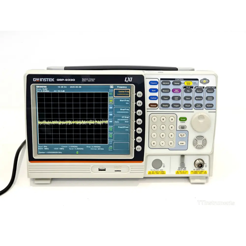 GW Instek GSP-9330 spectrum analyser front panel view showing 8-inch colour touchscreen display