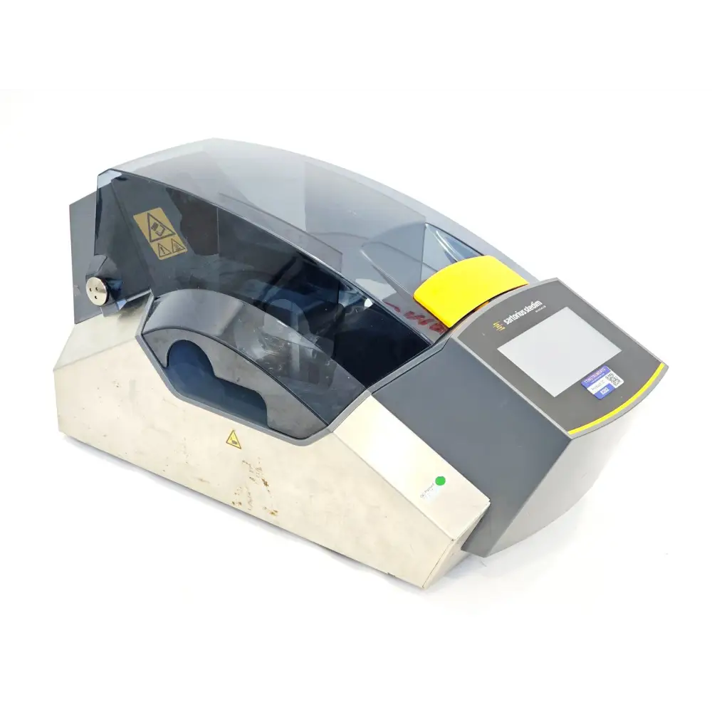 Sartorius BioWelder TC thermoplastic tube welder angled left side view showing smoked safety cover and base wear
