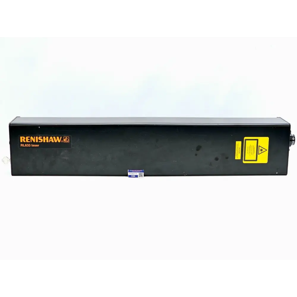 Renishaw RL633 HeNe 633nm laser unit — front-side view showing branding label and laser caution sticker