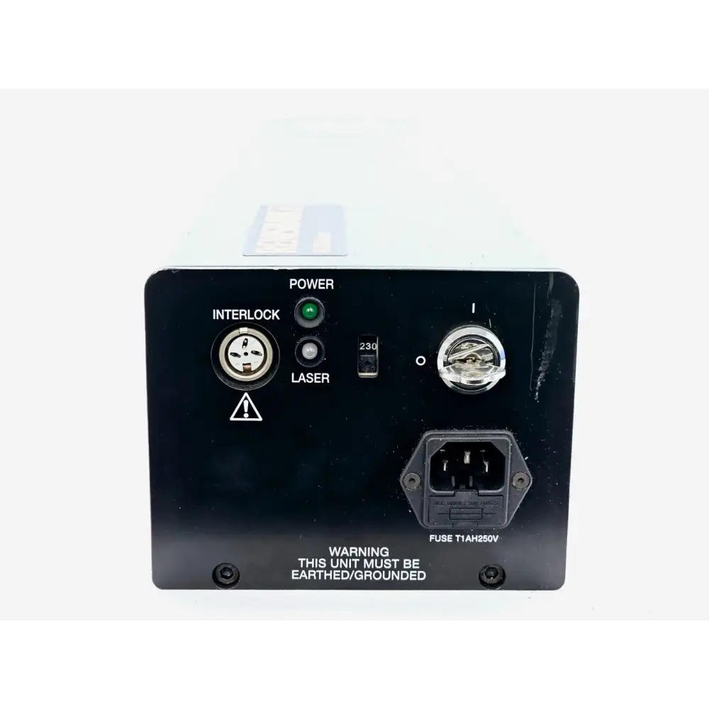 Renishaw RL633 HeNe laser — rear panel showing interlock socket, power and laser indicators, key-switch and IEC mains inlet