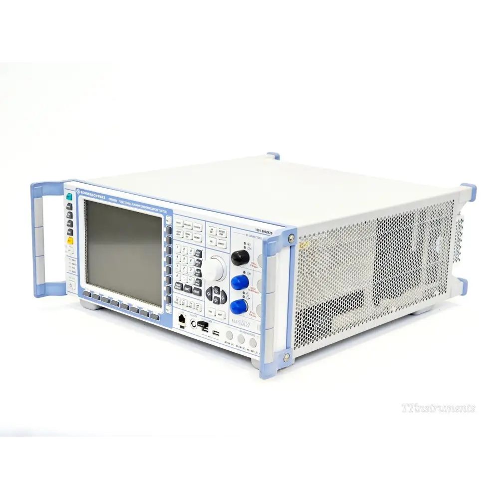 Rohde & Schwarz CMW290 radio communication tester three-quarter right view showing side ventilation panel and RF connector labels