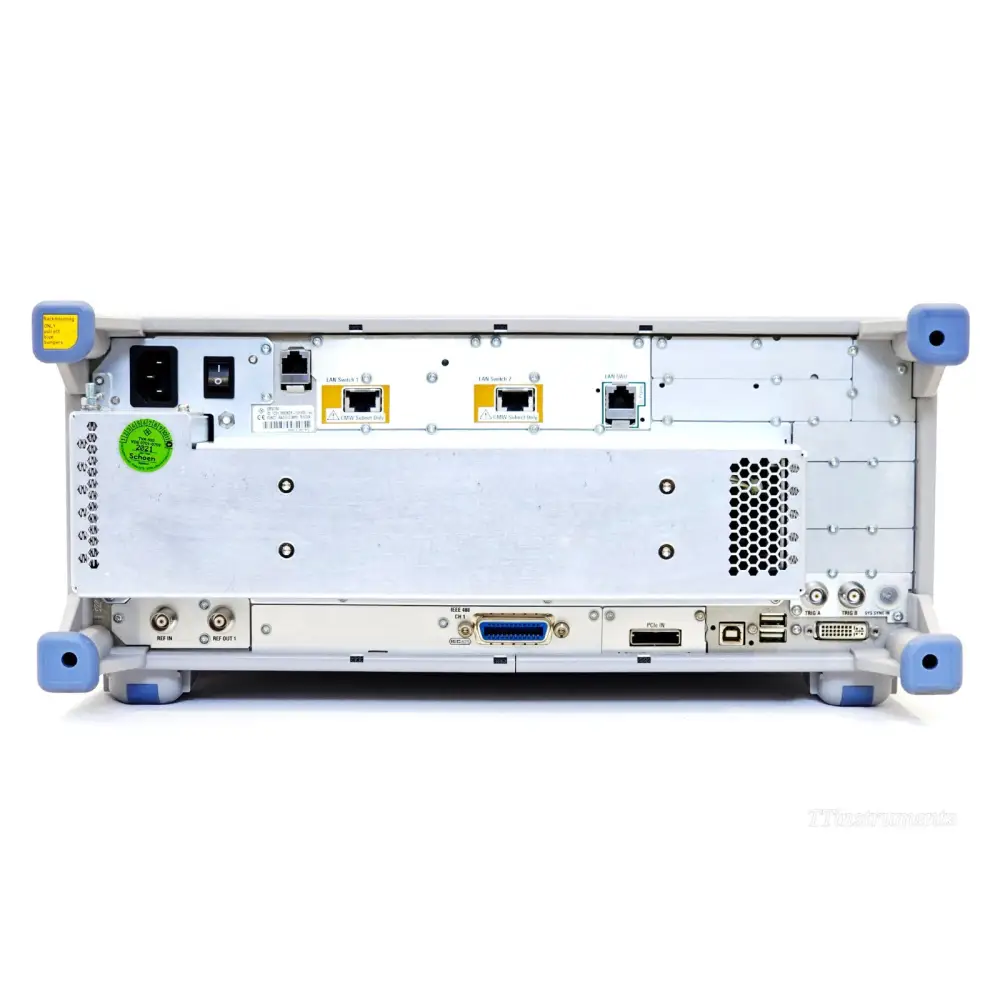 Rohde & Schwarz CMW290 rear panel showing LAN Switch ports, REF IN/OUT, GPIB, PCIe, USB, DVI, and trigger connectors