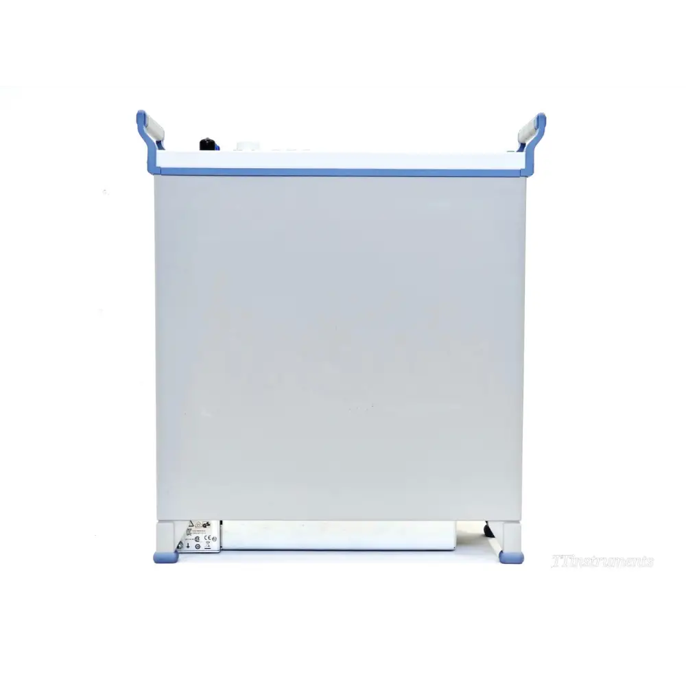 Rohde & Schwarz CMW290 left side panel view showing blue corner protectors and regulatory label at base