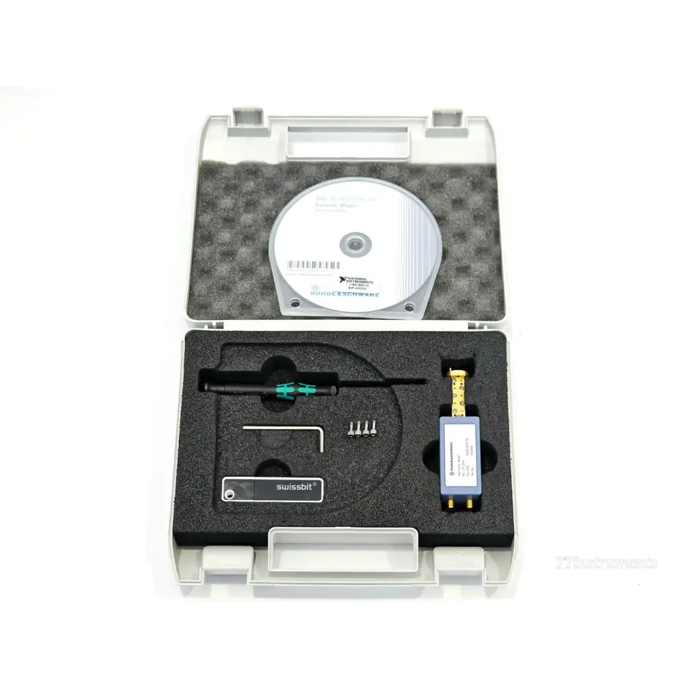 Rohde & Schwarz FS-Z75 harmonic mixer kit in open foam-lined carry case with Swissbit USB, CD, screwdriver and screws