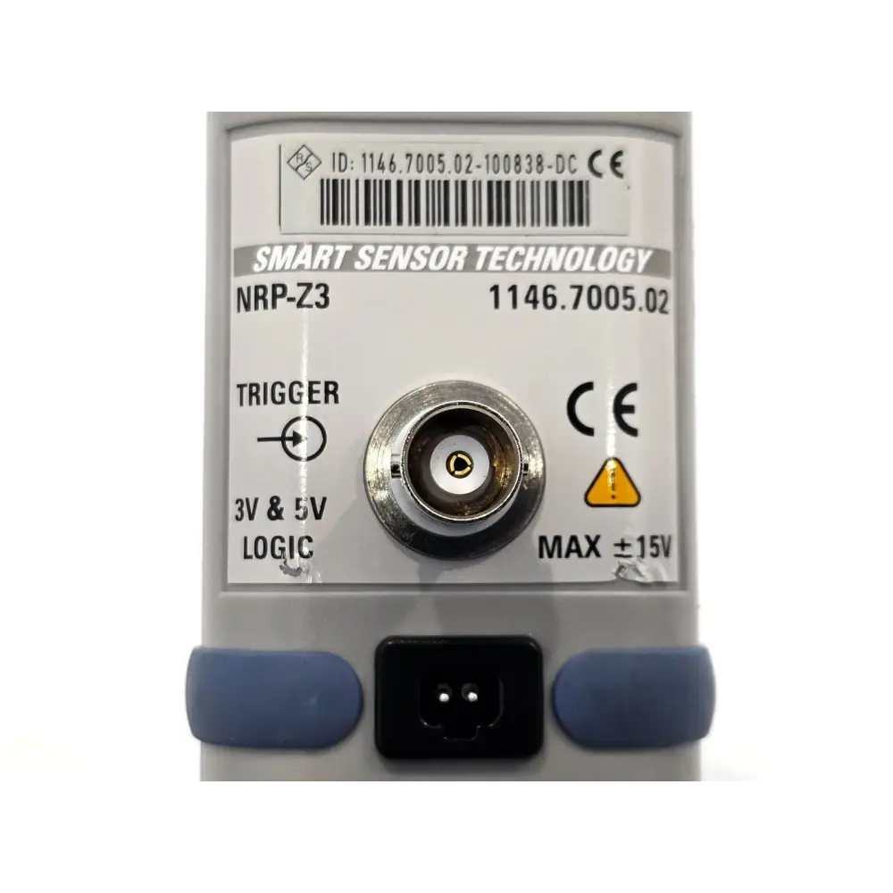 R&S NRP-Z3 close-up of BNC trigger input, 3V & 5V logic label, power connector and serial number label