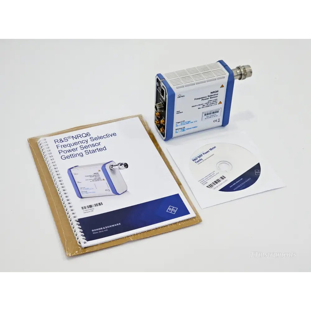 Rohde & Schwarz NRQ6 sensor with original Getting Started printed manual and R&S NRP Power Meter Family CD-ROM showing full kit contents