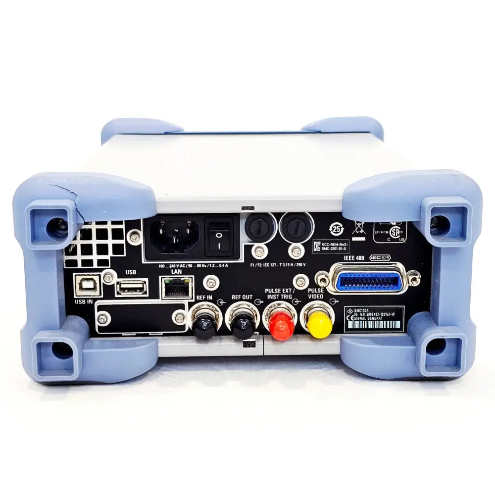Rohde & Schwarz SMC100A rear panel showing IEC power inlet, USB, LAN, Ref In/Out, Pulse and IEEE 488 GPIB connector